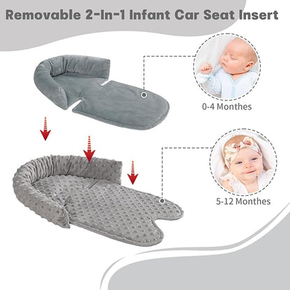 Infant Car Seat Insert, Baby Car Seat Head & Body Support with 2 Straps Pads, Ultra Soft Newborn Preemie Carseat Insert Cushion for Girls Boys, Fits Car Seat, Stroller, Swing, Bouncer, Grey