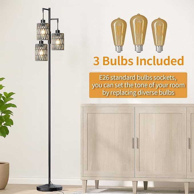 Oneach 70" Floor Lamps for Living Room, Stepless Dimmable Boho Floor Lamp with 3 Bulbs, Tall Farmhouse Industrial Corner Standing Tree Lamp for Bedroom, Office, Study Room, Black with Grey Shades