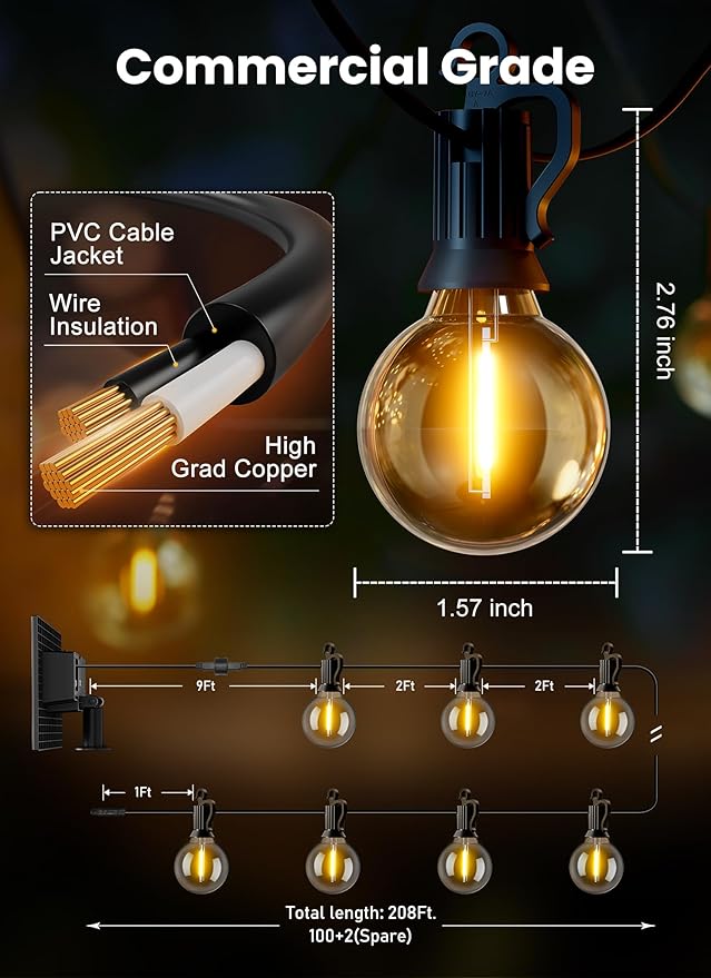 Brightown 208FT 102LED Solar String Lights Outdoor with USB Port, Shatterproof Bulbs, 3 Lighting Modes, Patio Lights Solar Powered for Camping Backyard Garden Decor - Last for 20+Hrs