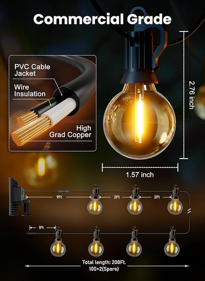 Brightown 208FT 102LED Solar String Lights Outdoor with USB Port, Shatterproof Bulbs, 3 Lighting Modes, Patio Lights Solar Powered for Camping Backyard Garden Decor - Last for 20+Hrs