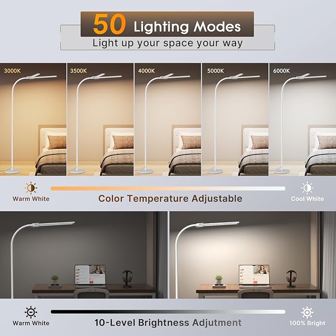 Syrinx LED Floor Lamp, Double Head Gooseneck Floor Lamps for Living Room with Gesture Switch & Remote Control, 14W Bright Tall Standing Lamp Modern Eye-Caring Reading Floor Lamp for Bedroom Office