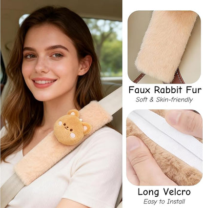 2 PCS Seat Belt Cover Pad, Cute Kawaii Animal Bear Seatbelt Covers for Kids and Adults, Winter Plush Fluffy Soft Seat Belt Cover, Cartoon Seatbelt Cushion,Car Seat Strap Pads (F-Bear)