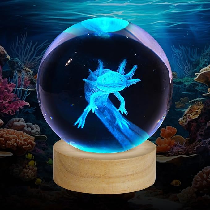 3D Axolotl Crystal Ball Night Light, Upgraded 3.15 Inch Glass Ball Lamp with 16 Color LED Wooden Base, Axolotl Decor Birthday Holiday Christmas Gifts for Boys Girls Friends (Axolotl-1)