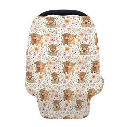 5-in-1 Unisex Highland Cow Pattern Baby Carseat Stroller Cover for Boys Girls, Western Farm Cow Flowers Floral Infant Toddler Privacy Nursing Breastfeeding Canopy, Grocery Shopping Cart Cover-24x28