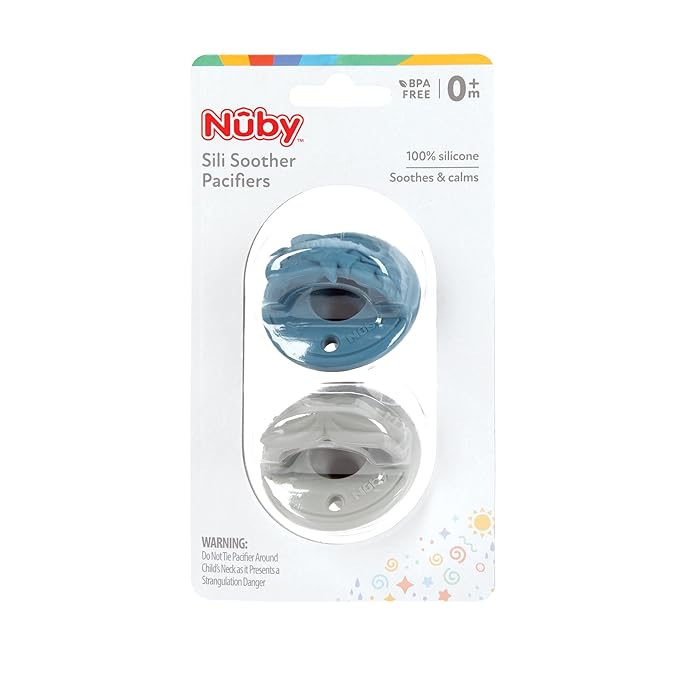 Nuby 3-D Sili Soother Pacifiers with Soft Handle and Two Safety Air Holes, 2 Pack, 0+ Months, Purple Bow and Pink Flowers