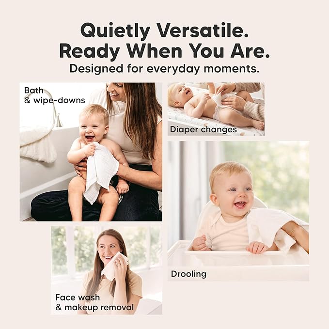 5-Pack Muslin Baby Washcloths for Newborn – 12x12" Soft Absorbent Organic Cotton Muslin Wash Cloths for Babies Girl, Boy, Infant, Toddlers, Kids Face Towel, Bath Essentials, Baby Burp Rags (Ecru)