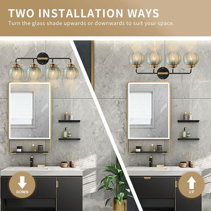 4-Lights Bathroom Light fixtures Glass Vanity Light Green Bathroom Sconce Mid Century Modern Wall Lamp,Black Gold Art Deco Vanity Light for Over Mirror Bedroom Hallway Dining Room