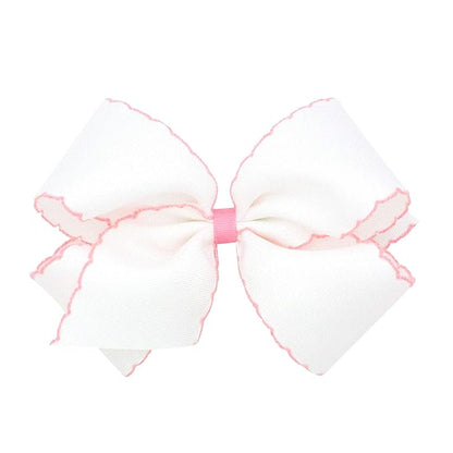 Wee Ones Girls' Classic Grosgrain Moonstitch Edge Hair Bow, No-Slip Hair Clip, Handmade, White with Light Pink, King