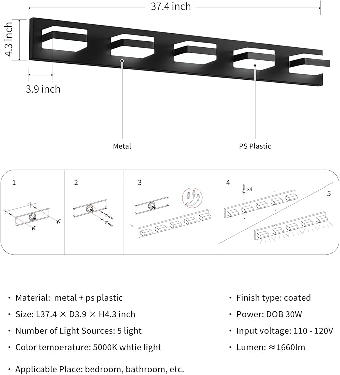 Bathroom Lighting Fixtures Over Mirror, 5 Light Bathroom Vanity Light Fixtures with Cool White 5000K, Matte Black LED Modern Vanity Wall Lights for Bath, Dressing Room, Restroom, 37.4 inch