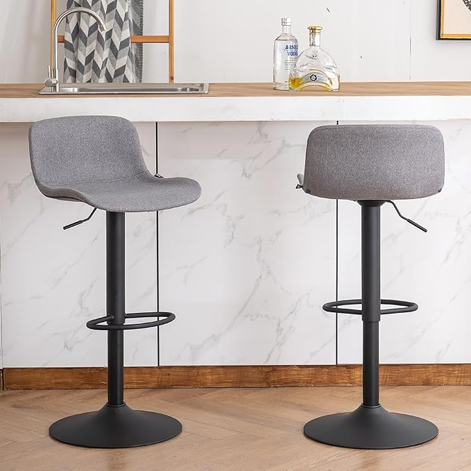YOUTASTE Fabric Grey Bar Stools Set of 2, Adjustable Counter Height Barstools Swivel Modren Bar Stool with Back Metal Legs, Breakfast Bar Chairs for Kitchen Island Home Bistro