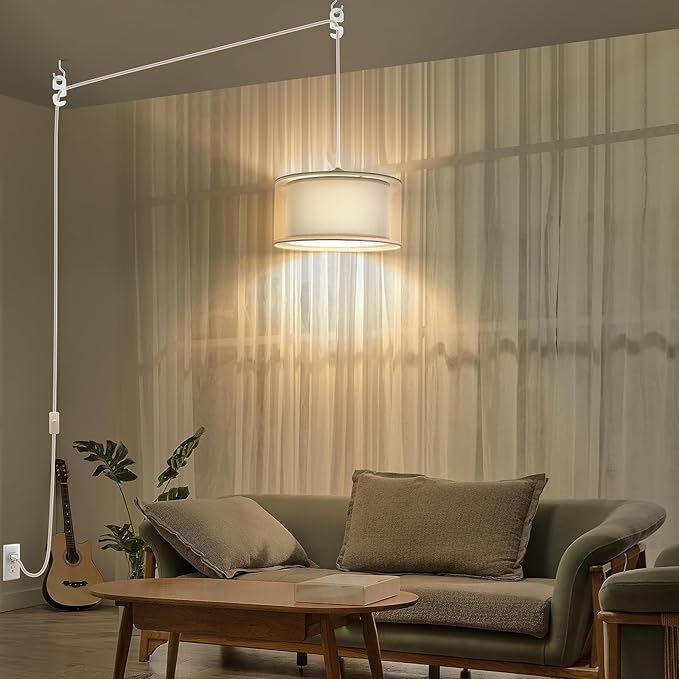 Plug in Pendant Light, 15FT White Cord Hanging Lights with Plug in Cord, Hanging Light with On/Off Switch, Double Linen Shade Fabric Design, Pendant Llight Fixture for Bedroom Restaurant Grey