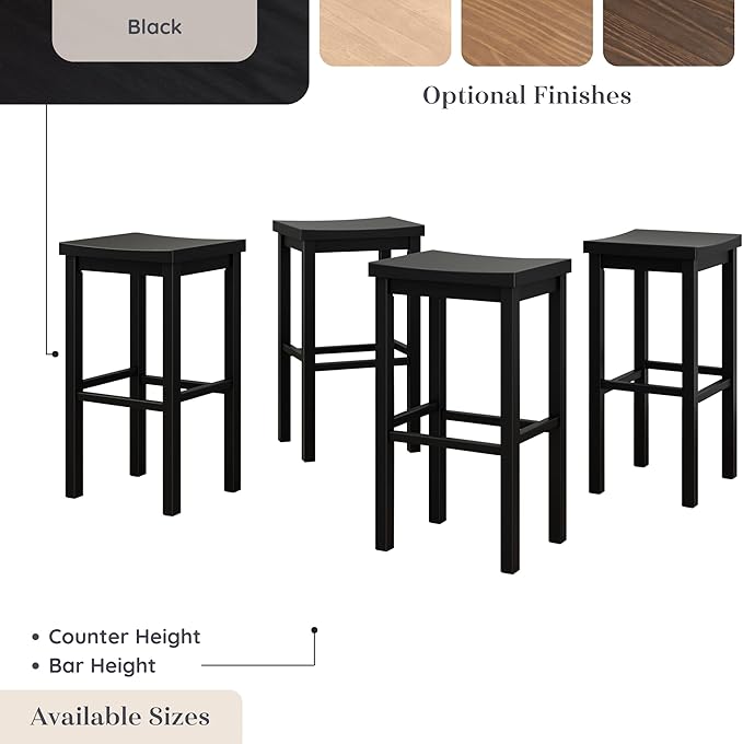 Grain & Grove Smith Collection Set of 4 Solid Wood Bar Stools, 30 inch Saddle-Seat Bar Chairs, Backless, Heavy-Duty Construction, Footrest Support, for Kitchen Islands, Home Bars, and Counters, Black