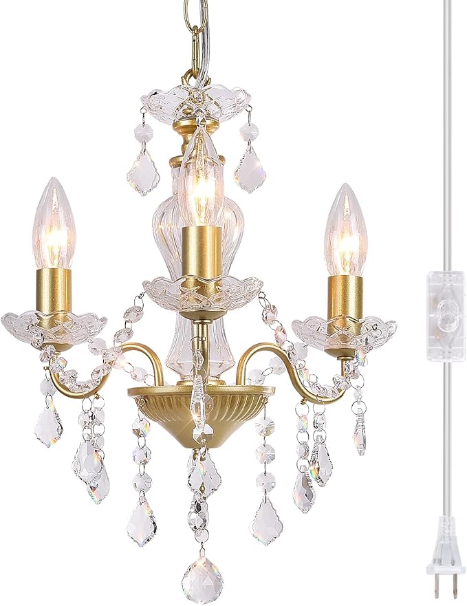 Plug in Modern 3-Light Gold Chandelier with Glass Crystals, Candle Style Pendant Light Fixtures for Living Room, Girls Room, Kitchen Island, Entryway