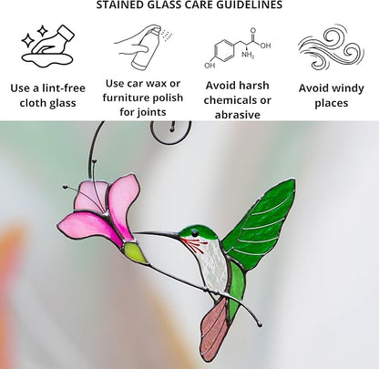 Multicolor Hummingbird Handmade Stained Glass Suncatcher Genuine Stained Glass Window Hangings Unique Indoor Ornament & Outdoor Decor (Green Hummingbird)