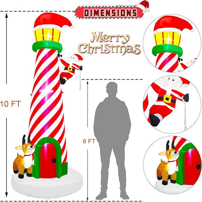 10FT Christmas Inflatable Yard Decoration, Giant Blow Up Lighthouse with Santa and Reindeer with Built-in LED Lights & Drawstring Bags for Yard Lawn Garden Holiday Outdoor Decor