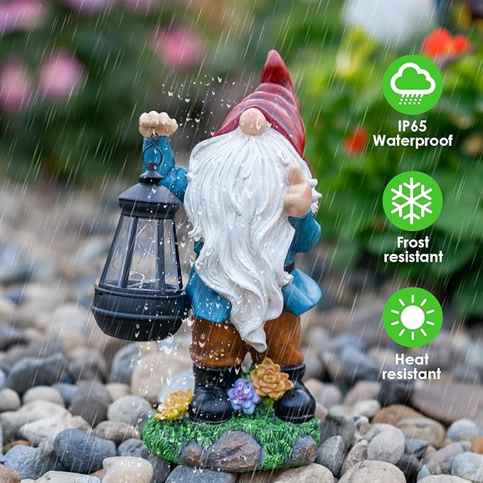 Solar Garden Statue Lights Gnome Figurine with Solar Lantern, Outdoor Garden Succulent Ornaments Waterproof, Fathers Day Mom Gifts for Outside Patio Yard Lawn Decor