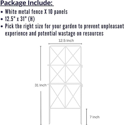 ShopLaLa Decorative Garden Fence (10 Panels) 12.5in(L) x 31in(H) Animal Barrier Fencing Rustproof White Metal Wire Flower Edging for Landscape, Dog Yard Gates Fences Tall No Dig Outdoor Decor D-F30B