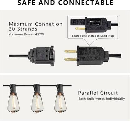 DAMAING Outdoor String Lights 50 FT Waterproof Patio Light String Lights with 27 ST38 Vintage Shatterproof LED Edison Bulbs,Retro Connectable Bistro Lights for Backyard Gazebo Balcony.