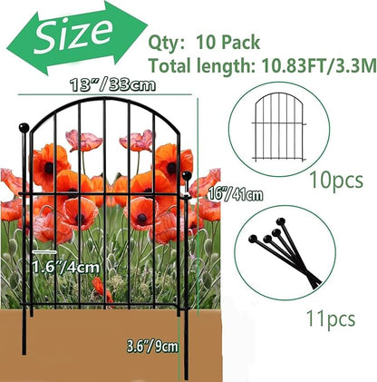 Decorative Garden Fence 21in x10.8ft, 10 Pack Rustproof Metal No Dig Fence Animal Barrier for Dog, Arched Flower Bed Edging Ornamental Wire Border Panel Fencing (Arch)