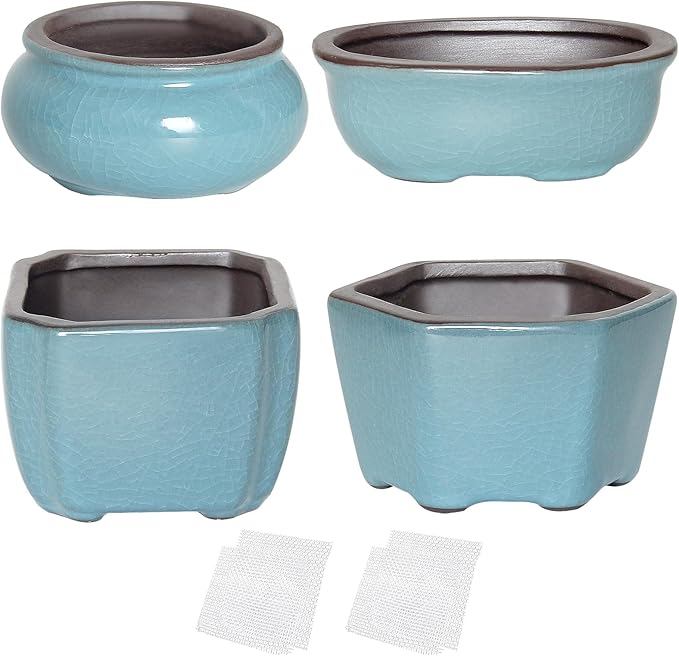 Bonsai Planter Mini Glazed Pots Succulent Value Set of 4, with 4 Soft Mesh Drainage Screens