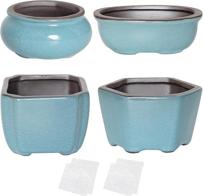 Bonsai Planter Mini Glazed Pots Succulent Value Set of 4, with 4 Soft Mesh Drainage Screens