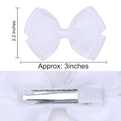Tiny 3 Inch Organza Double Hair Bow Clips - Lined Boutique Alligator Hairpin for Baby Girls, Toddlers, and Little Teens - Kids Barrettes Set of 2 Small Stylish (White)