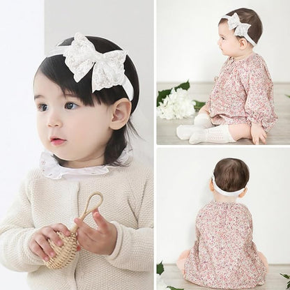 2 Pack 18-20in Elegant White Flower Christening Headbands for Baby Girl, Elastic Soft Lace with Cute Tulle Pearl Hair Strap (White flowers)