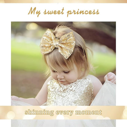 5 inch Glitter Sequin Gold Hair Bows and Clips for Baby Toddler Girls - Big Hair Accessories