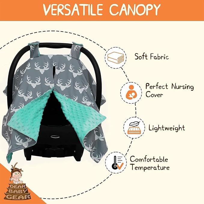 Dear Baby Gear - 40x30 Car Seat Canopy, Infant Carrier Cover for Boys & Girls, Cozy Fall Baby Gift, Nursing & Stroller Use, Newborn Travel Sunshade Accessory, Antlers on Gray, Mint Dot