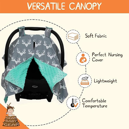 Dear Baby Gear - 40x30 Car Seat Canopy, Infant Carrier Cover for Boys & Girls, Cozy Fall Baby Gift, Nursing & Stroller Use, Newborn Travel Sunshade Accessory, Antlers on Gray, Mint Dot