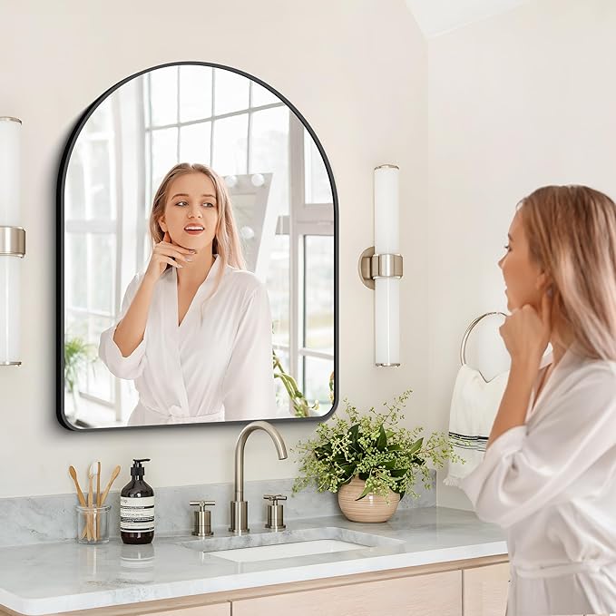 Arched Bathroom Mirror, 30"x36" Black Arched Mirror for Bathroom, Wall Mounted Mirror, Black Vanity Wall Mirror w/Metal Frame for Bedroom, Entryway, Living Room, Hanging or Leaning Against Wall