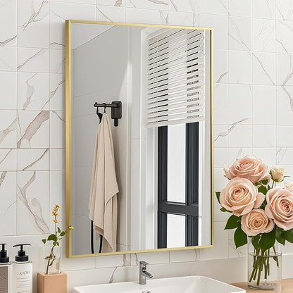 Brushed Gold Mirror, 24x36 Inch Aluminum Framed Rectangle Mirror, Anti-Rust, Tempered Glass, Square Corner Wall Mirror for Over Sink, Vanity, Bedroom, Entryway, Horizontal/Vertical