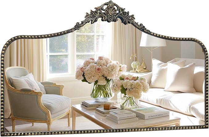 G-LEAF Vintage Baroque Mirror 48"X30", Victorian Antique Mirror with Black Brush Gold Ornate Metal Frame for Fireplace Entryway Living Room Hallway Bathroom