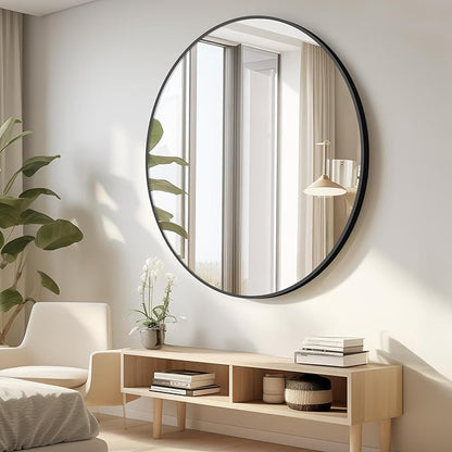 Black Round Mirror, 48 inch Large Circle Mirrors, Oversized Round Bathroom Mirrors, Aluminum Metal Frame Big Round Mirror, Huge Circluar Wall Mirror for Bathroom Living Room Entryway Bedroom