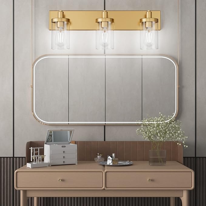 Aipsun Gold Vanity Light 3 Lights Bathroom Vanity Lighting Fixtures Over Mirror Bathroom Wall Light with Clear Glass Shade(Exclude Bulb)
