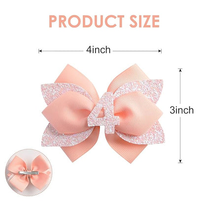 Glitter Birthday Hair Bow for Baby Girls 1 2 3 4 5 6 Years Peach Party Decoration Hair Accessories for Four 4th Birthday