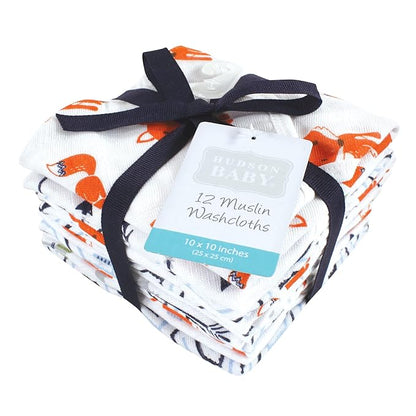 Hudson Baby Unisex Baby Cotton Muslin Washcloths, Foxes, One Size