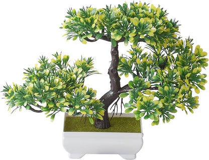 Mini Artificial Bonsai Tree Fake Plants - Artificial Plant Welcome Pine Treewith Plastic Cement Pots for Home Office Décor (Yellow)
