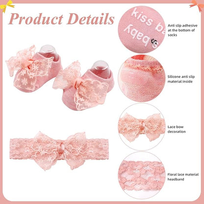 3 Pack Baby Girls Headbands and Socks Set Newborn Lace Bow Hairbands Non-Slip Grips Socks for Babies Infants and Toddlers (Beige, Pink, White)