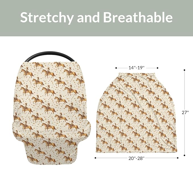 Vintage Western Cowgirl Baby Car Seat Covers Retro Cowgirl Horse Stars Stretchy 5-in-1 Cover Adjustable Infant Carseat Canopy Cover Wild Desert Country Breathable Nursing Cover-Up