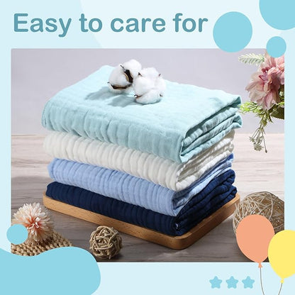 Peryiter 4 Pcs Muslin Hooded Baby Towels 32 x 32 Inch Cotton Newborn Bath Essentials Muslin Infant Blankets Absorbent Registry Gifts for Girl Boy Kids Baby Shower (Blue Series)