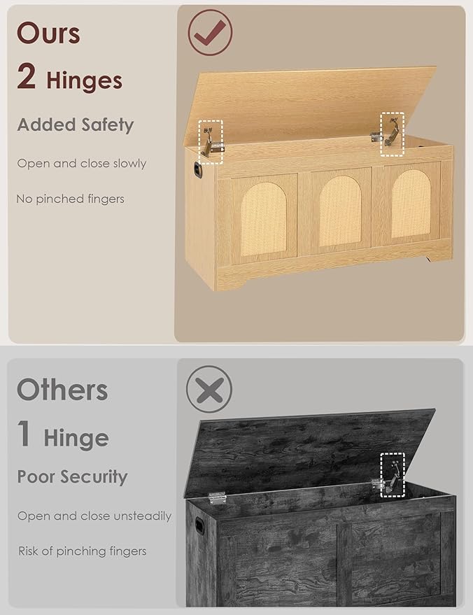 DINZI LVJ Storage Chest, 39.4" Rattan-Like Box with 2 Safety Hinges, Wooden Entryway Shoe Bench with Flip-Top, Storage Trunk for Living Room, Bedroom, Easy Assembly, Natural