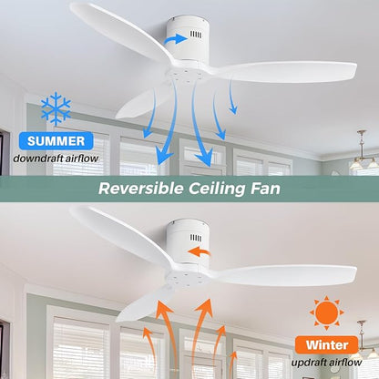 Sofucor 52 Inch Smart Ceiling Fan Without Light Flush Mount Solid Wood Ceiling Fan with Alexa/Google/APP/Remote Control-Modern Outdoor Ceiling Fans No Light for Bedroom/Patio/Indoor, White