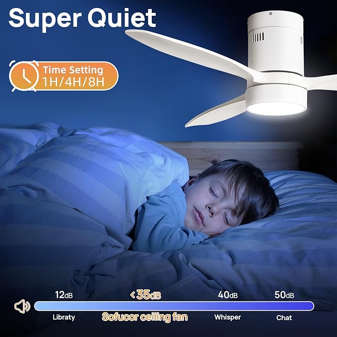 Sofucor 52 Inch Ceiling Fans with Lights and Remote, Modern Wood Low Profile Flush Mount Quiet White Ceiling Fan for Bedroom, Reversible DC Moto for Living Room/Farmhouse/Patio/Indoor/Outdoor
