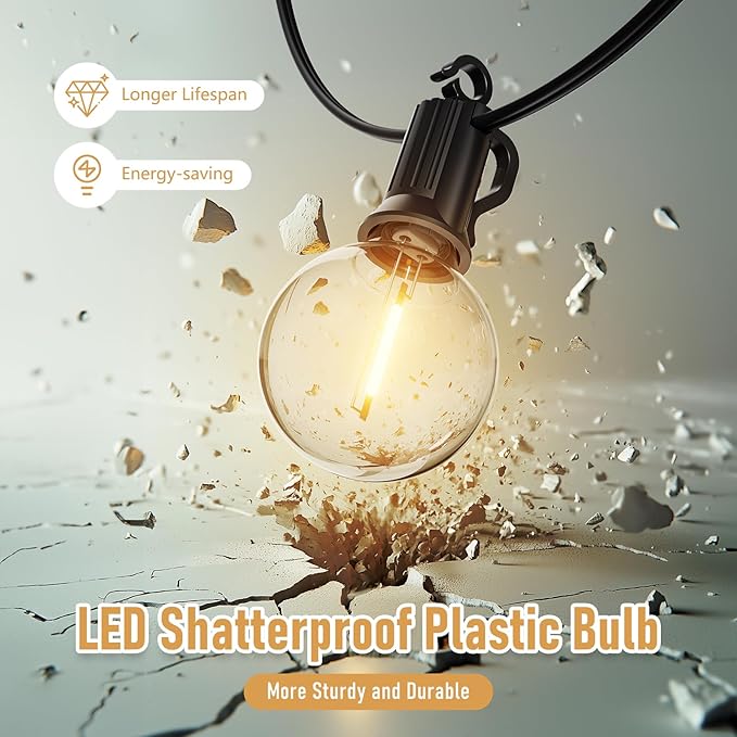 Outdoor String Lights Hanging Globe Patio Lights with 50 G40 Shatterproof Bulbs(2 Spare), IP44 Waterproof Connectable Commercial 50 Hanging Light for Indoor Outdoor Decor