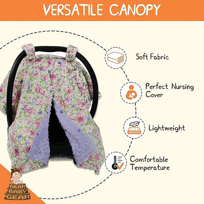 Dear Baby Gear Floral Baby Car Seat Canopy with Snap Button Opening - Newborn & Toddler Carseat Cover - Nursing Covers - Infant Chair Essentials (Lavender Pink Floral & Dot, 40" x 30")