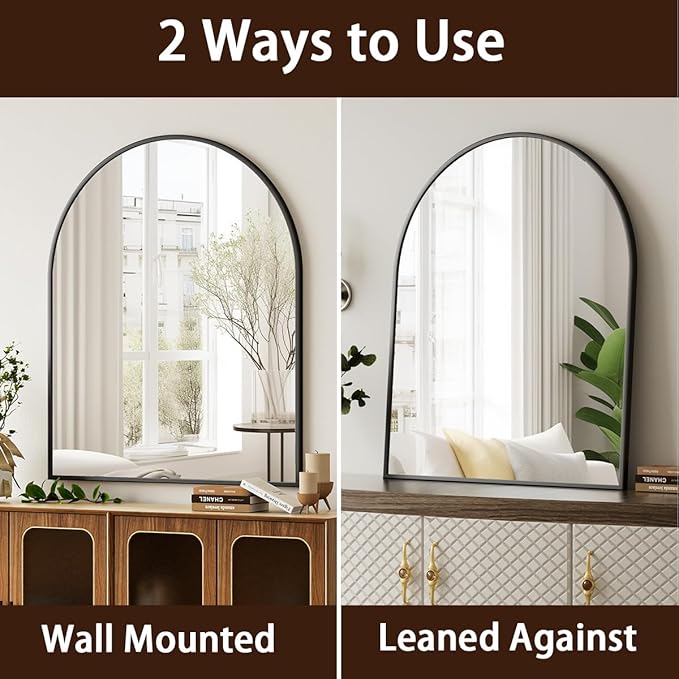Arched Bathroom Mirror, 32x34 Inch - Wall Mounted Vanity Mirror with Aluminum Alloy Frame - Ideal for Living Room, Bedroom, Bathroom, and Entryway, Hanging or Leaning, Black