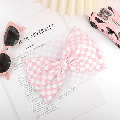 YanJie 7’’ Pink Checkered Bow for Baby Girl Racing Bows Plaid Headbands for Newborns Infants Toddlers Two Fast Birthday Girls Hair Accessories