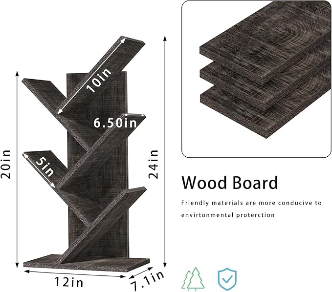 5 Tier Tree Book Shelf, Small Desktop Bookshelf with Storage Organizer, Wood Bookcase, Desk Display Bookshelves, Floor Standing Organizer Bookcases for Living Room,Bedroom,Office-Dark Grey