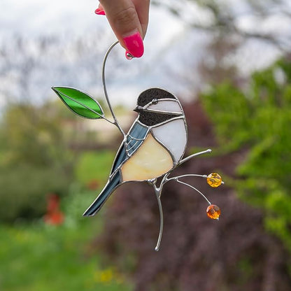 Gift Birds Handmade Chickadee Stained Glass Suncatchers Genuine Stained Glass Window Hanging Unique Indoor Ornament & Outdoor Decor (A Chickadee)